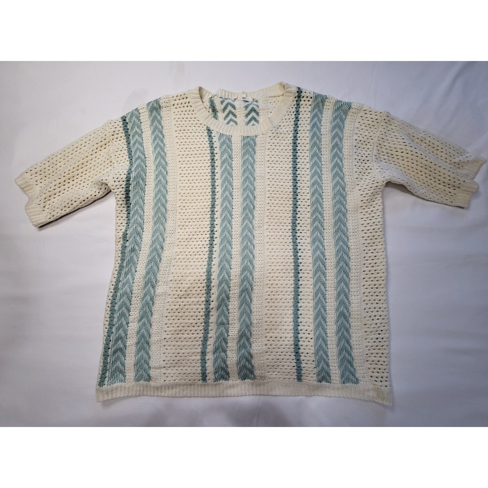 La Miel Short Sleeve Knit Sweater Cream Sage Green Chevron Pointelle MAS3564 L